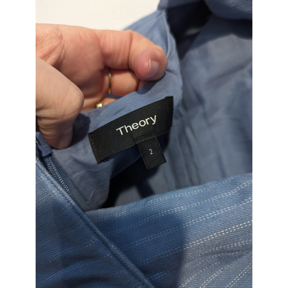 Theory Phyly Blue Strapless Pinstriped Dress Linen Tie Back - Picture 3 of 7